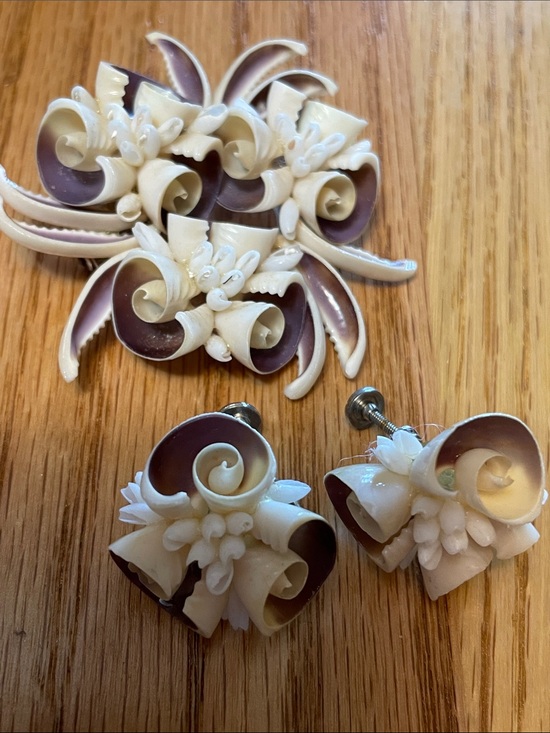 unmarked Jewelry - Vintage Floral Carved Shell Brooch and Screw-back Earrings Set